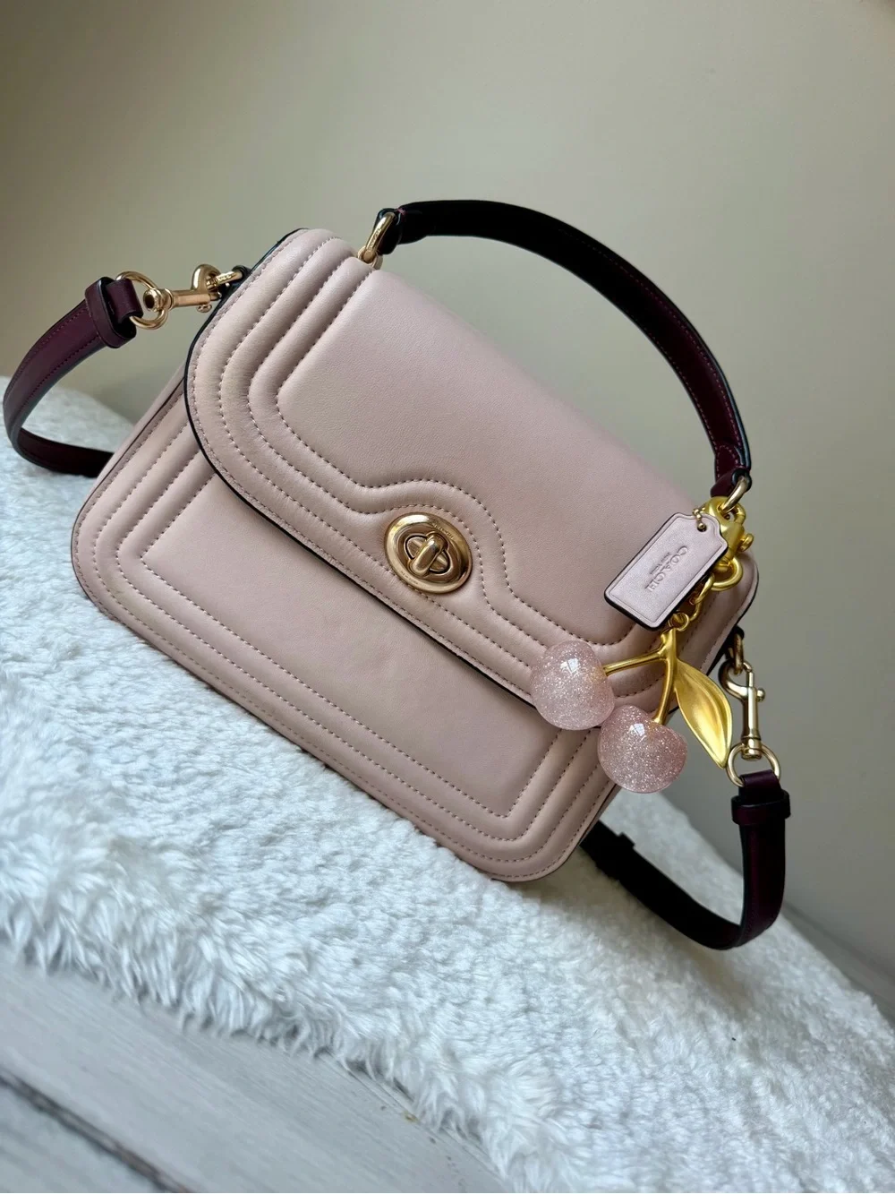 Coach Marlie Top Handle bag  Quilted Leather in pink with charm